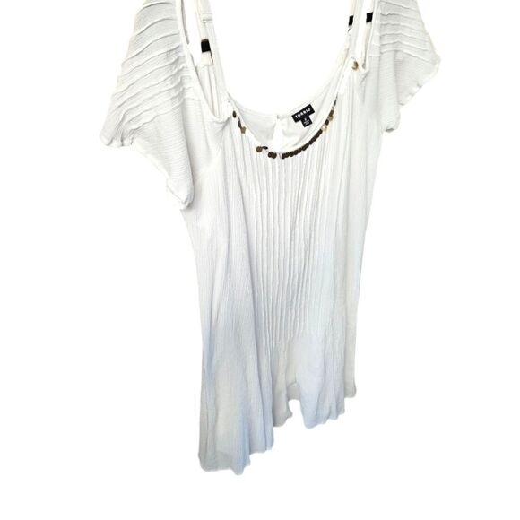 TORRID MINI IVORY GAUZY Cold Shoulder Trapeze dress With Gold Sequins - Picture 5 of 16